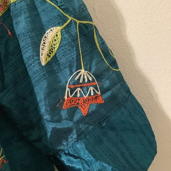 Lagenlook Oversized Embroidered Teal Artsy Boho Hippie Button Up Shacket XL - Picture 9 of 12
